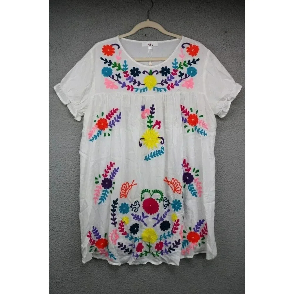A & B Short Sleeve Embroidered Floral Tunic-Large-Boho-Cottagecore